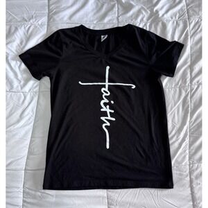 Women's V-Neck T-Shirt Christian Religious Faith Tee Black Size Small Cross EUC